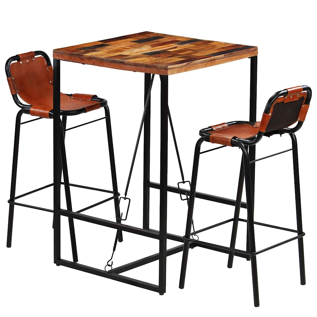 Σετ Επίπλων Μπαρ 3 τεμ Μασίφ Ανακυκλ.Ξύλο/Γνήσιο Δέρμα Κατσίκας