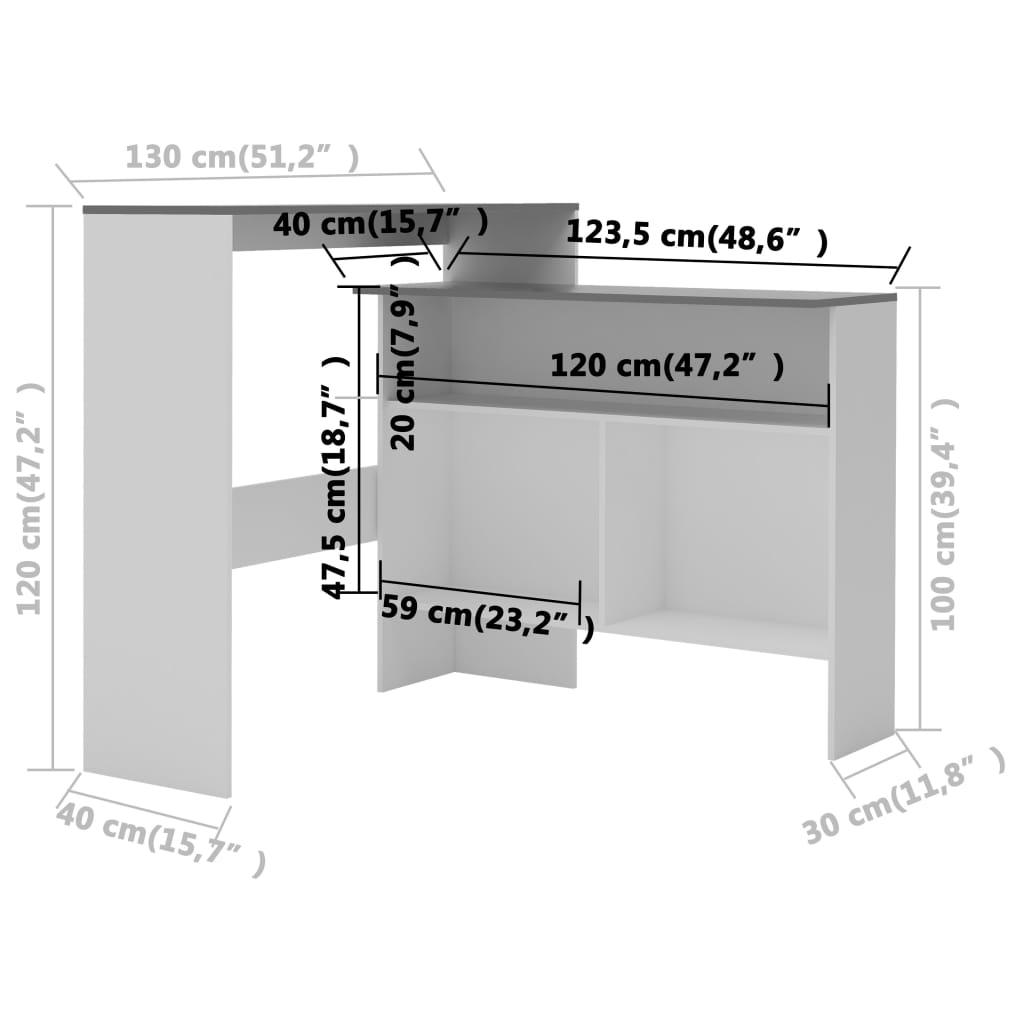 Τραπέζι Μπαρ με 2 Επιφάνειες Λευκό / Γκρι 130 x 40 x 120 εκ.