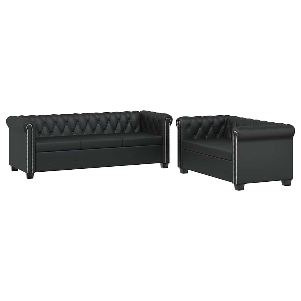 Καναπέδες Chesterfield Διθέσιος + Τριθέσιος Μαύρο Συνθ. Δέρμα