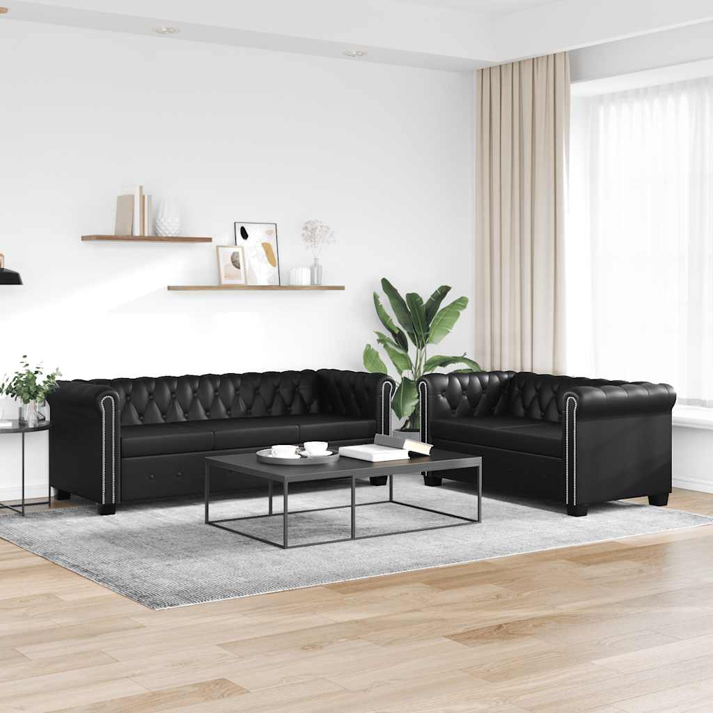 Καναπέδες Chesterfield Διθέσιος + Τριθέσιος Μαύρο Συνθ. Δέρμα