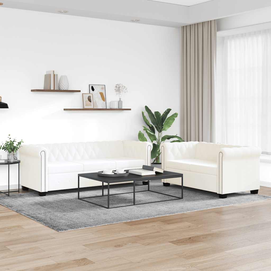 Καναπέδες Chesterfield Διθέσιος + Τριθέσιος Λευκό Συνθ. Δέρμα