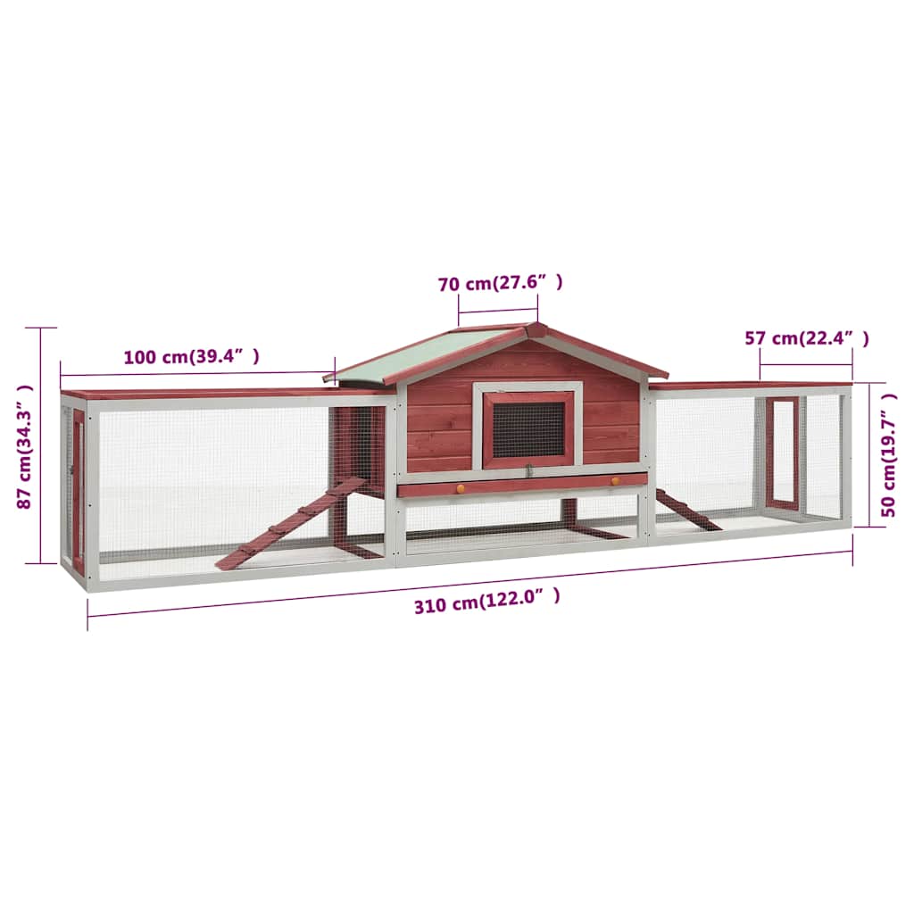Κλουβί Κουνελιών Κόκκινο 310x70x87 εκ. Μασίφ Ξύλο Πεύκου/Ελάτης