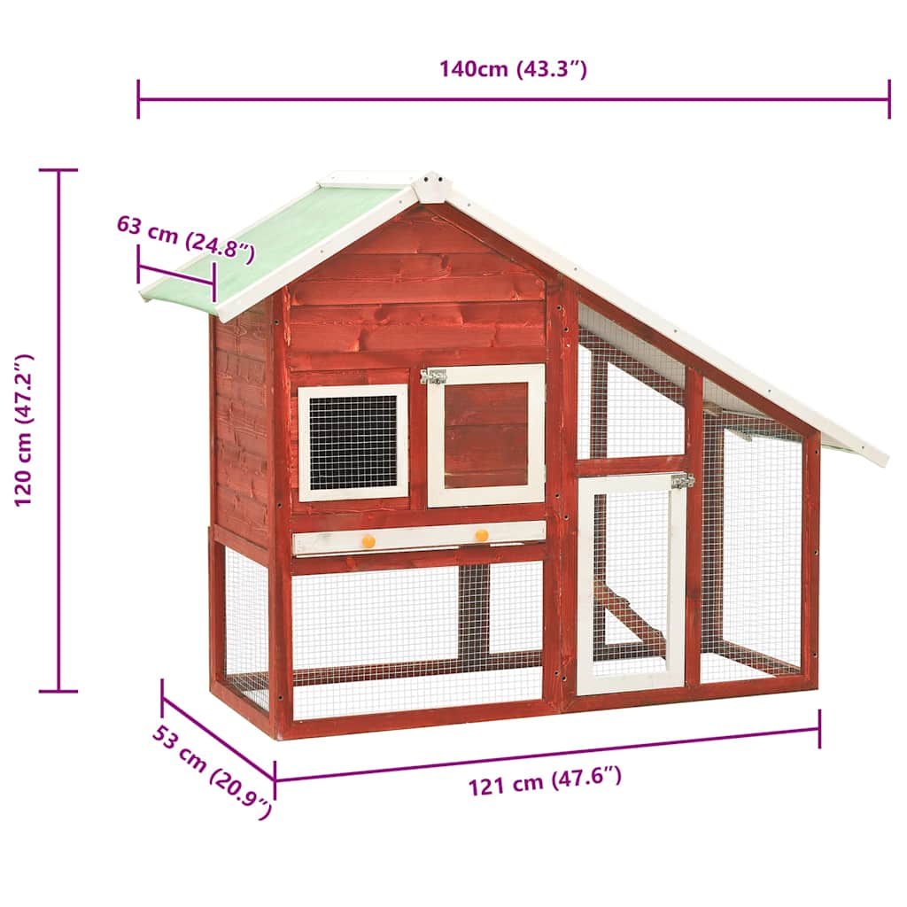 Κλουβί Κουνελιών Κόκκινο/Λευκό 140x63x120 εκ. Μασίφ Ξύλο Ελάτης