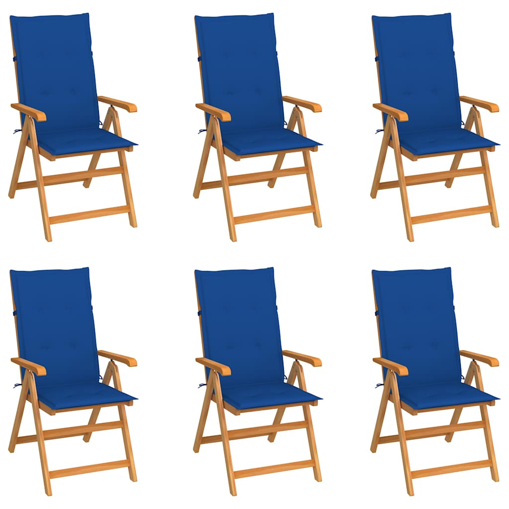 Πτυσσόμενες Καρέκλες 6 τεμ. με Μαξιλάρια Royal Blue από Μασίφ Ξύλο Teak