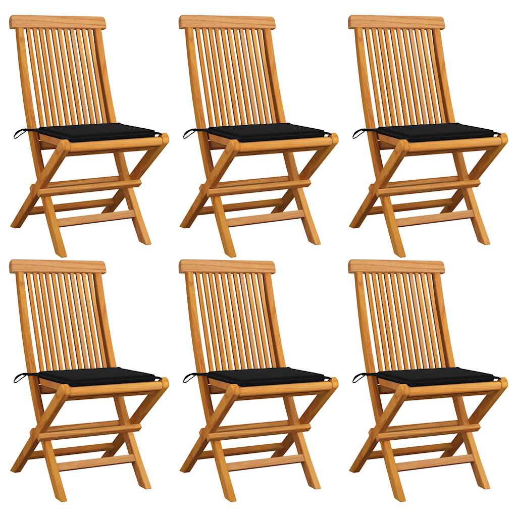 Πτυσσόμενες Καρέκλες με Μαύρα Μαξιλάρια 6 τεμ. από Μασίφ Ξύλο Teak