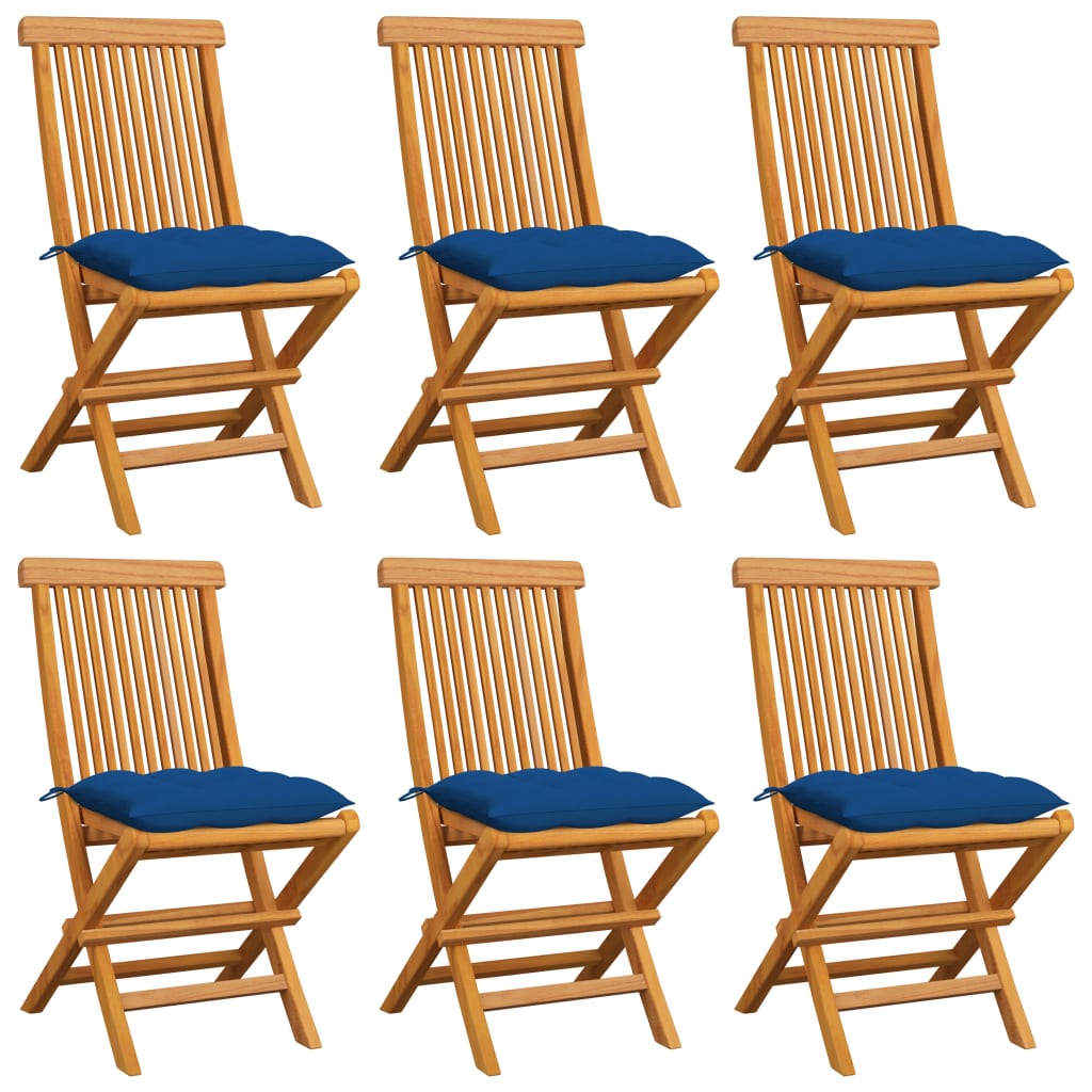 Πτυσσόμενες Καρέκλες με Μπλε Μαξιλάρια 6 τεμ. από Μασίφ Ξύλο Teak