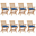 Πτυσσόμενες Καρέκλες με Μπλε Μαξιλάρια 8 τεμ. από Μασίφ Ξύλο Teak