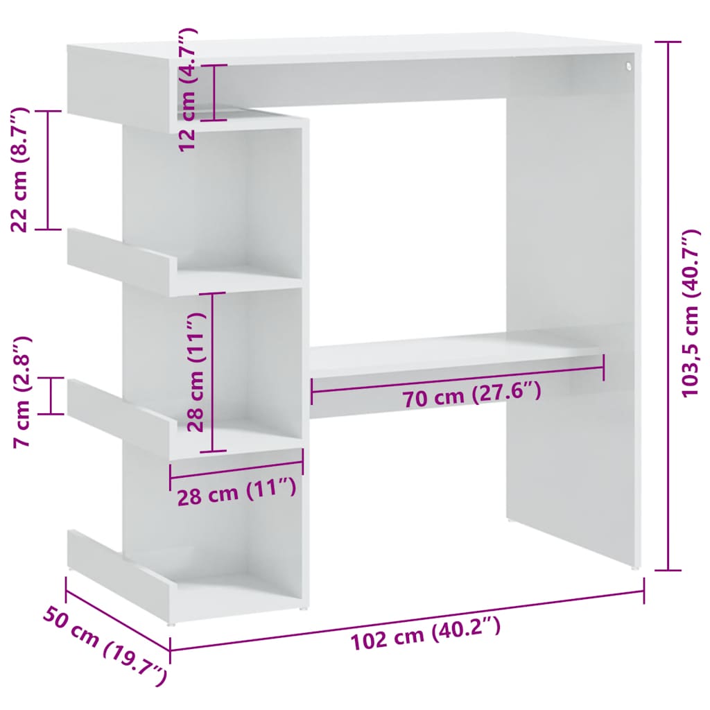 Τραπέζι Μπαρ με Ράφια Γυαλ. Λευκό 102x50x103,5 εκ. Επεξ. Ξύλο