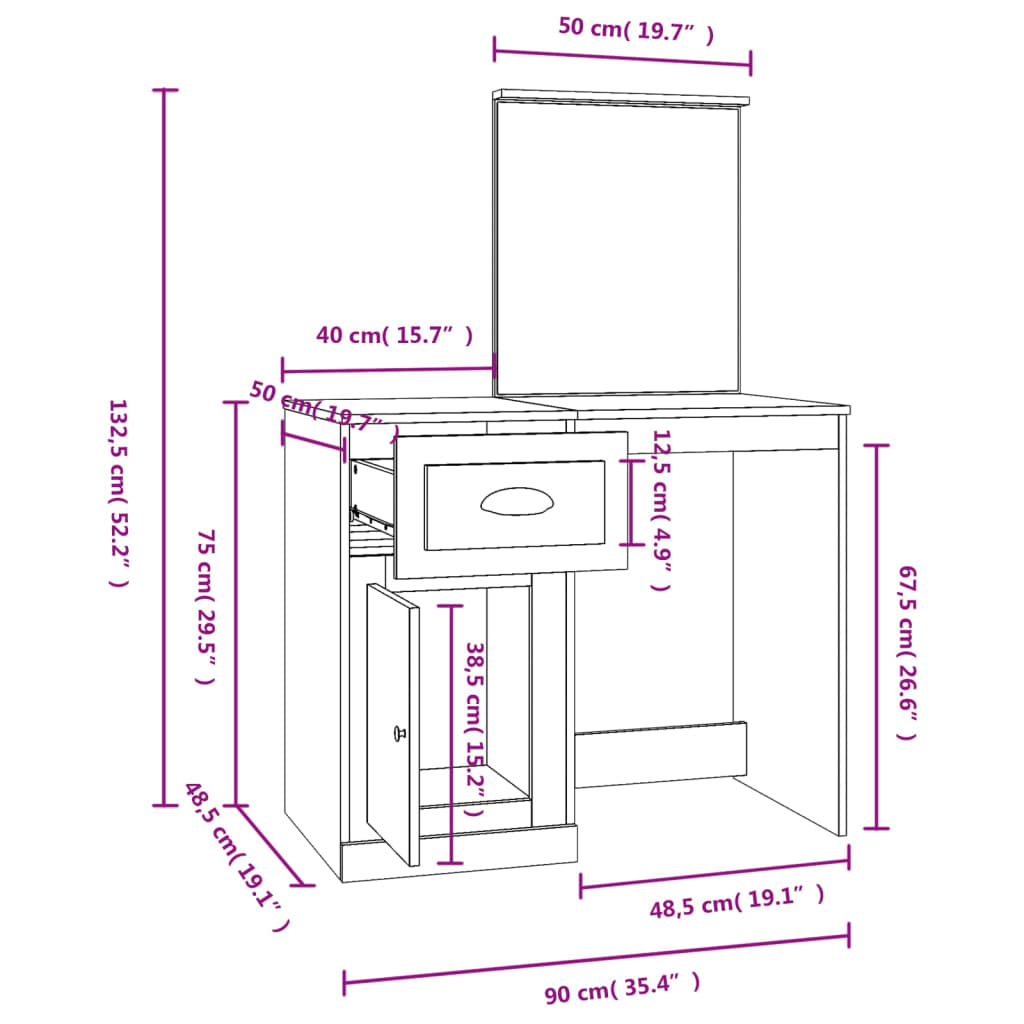 Μπουντουάρ με Καθρέφτη Καπνιστή Δρυς 90x50x132,5 εκ. Επεξ. Ξύλο