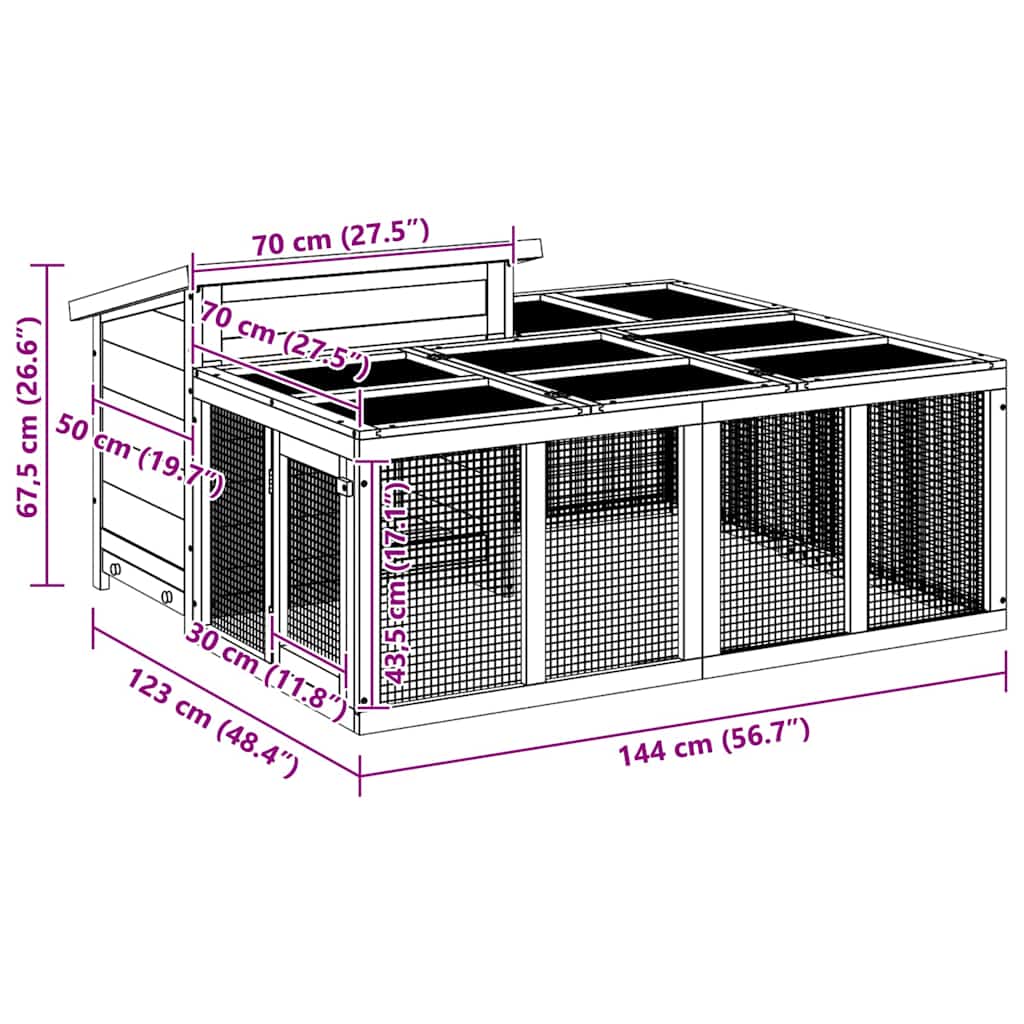 Κλουβί Κουνελιών Καφέ 144 x 123 x 67,5 εκ. Μασίφ Ξύλο Πεύκου