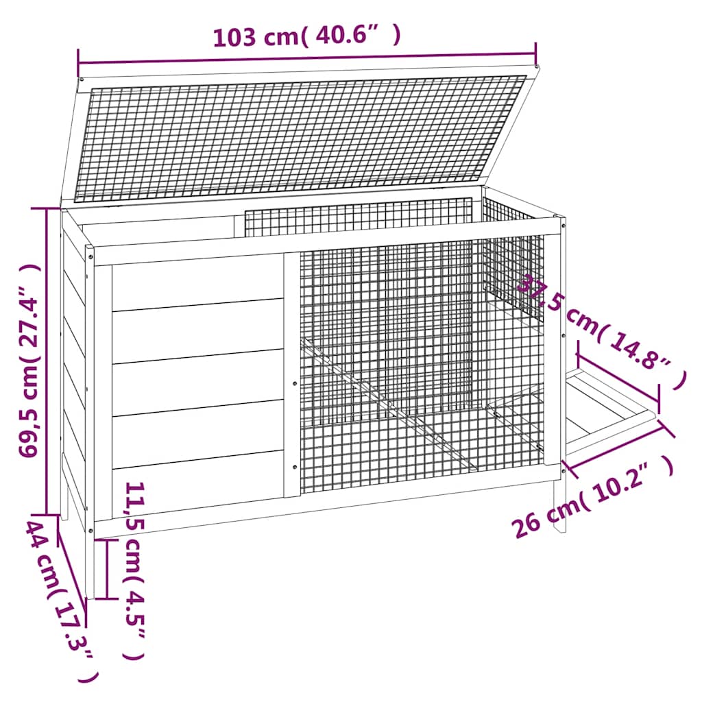 Κλουβί Κουνελιών Γκρι 103 x 44 x 69,5 εκ. Μασίφ Ξύλο Πεύκου