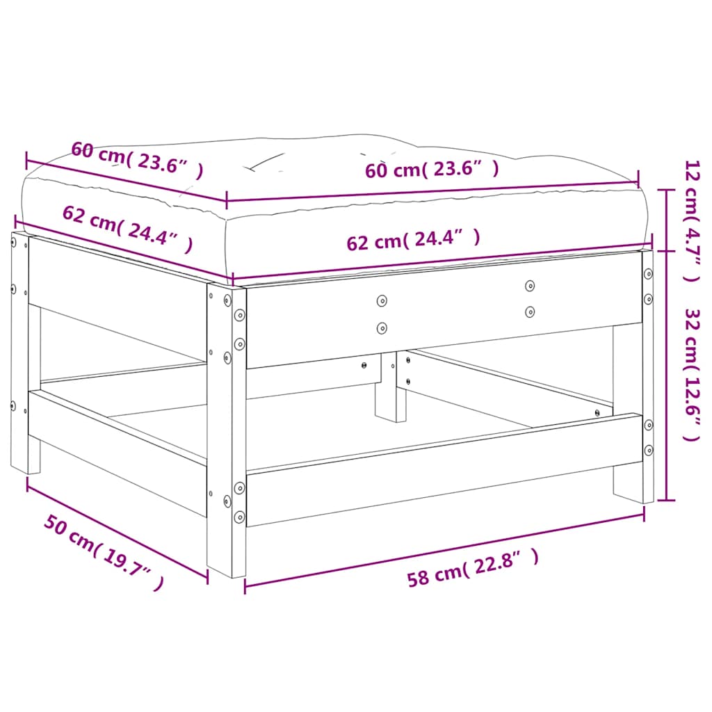 Υποπόδιο Κήπου Μαύρο από Μασίφ Ξύλο Πεύκου με Μαξιλάρι