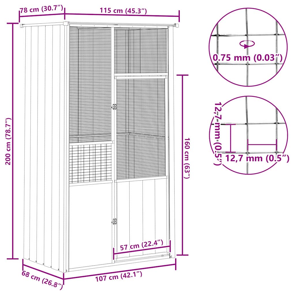 Κλουβί Πουλιών Ανθρακί 115x78x200 εκ. από Γαλβανισμένο Χάλυβα