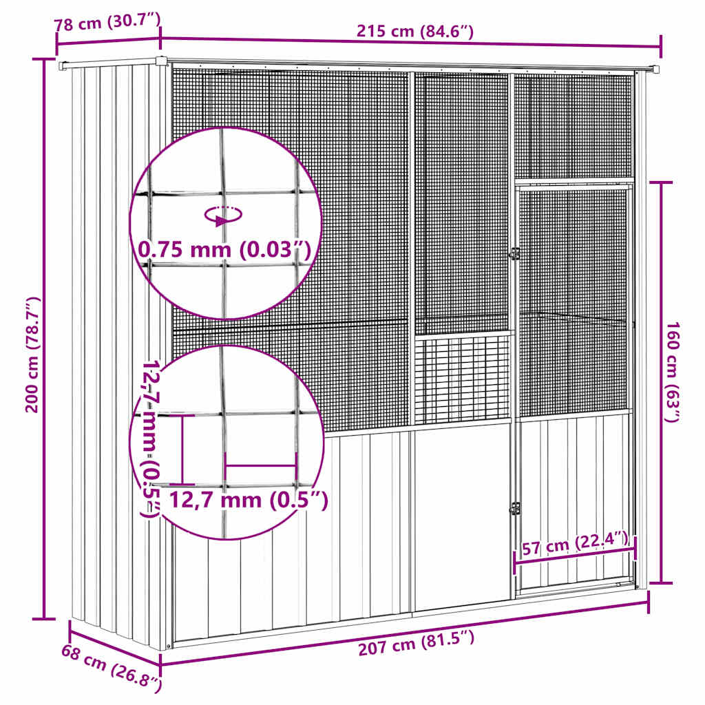 Κλουβί Πουλιών Ανθρακί 215x78x200 εκ. από Γαλβανισμένο Χάλυβα