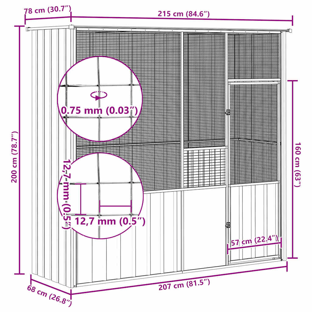 Κλουβί Πουλιών Γκρι 215 x 78 x 200 εκ. από Γαλβανισμένο Χάλυβα