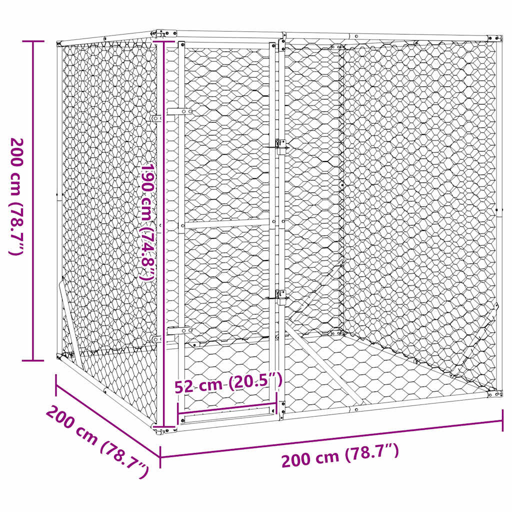 Κλουβί Σκύλου Εξωτερ. Χώρου Ασημί 2x2x2 μ. Γαλβανισμένο Ατσάλι