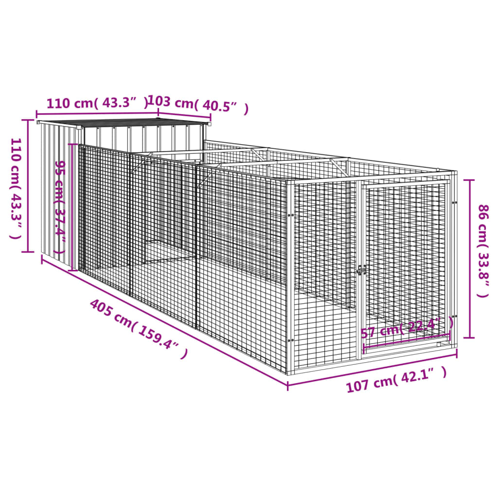 Σπιτάκι Σκύλου με Αυλή Αν. Γκρι 110x405x110 εκ. Γαλβαν. Χάλυβας