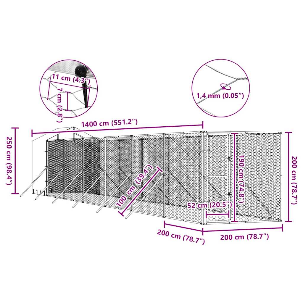 Κλουβί Σκύλου Εξ. Χώρου με Οροφή Ασημί 2x14x2,5 μ. Γαλβ. Ατσάλι