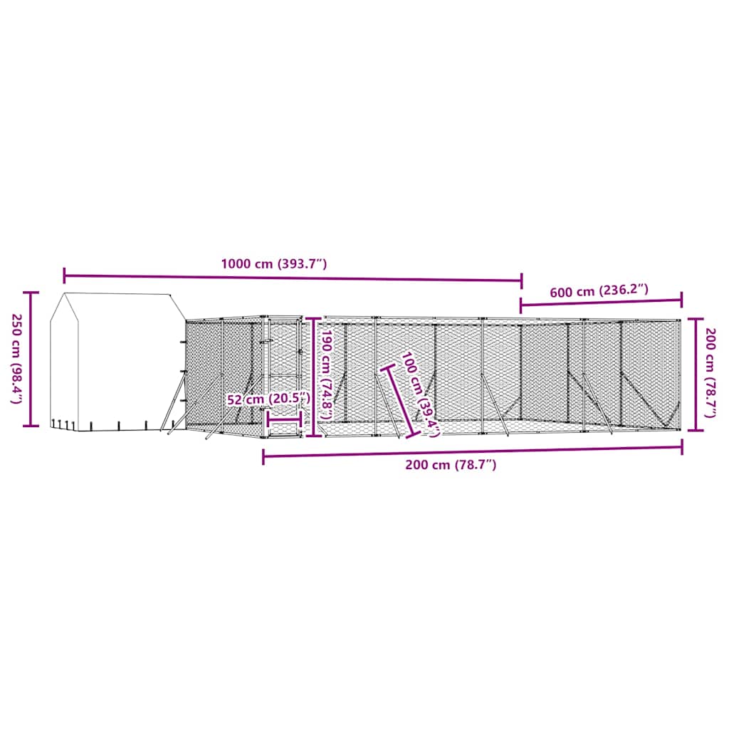 Κλουβί Σκύλου Εξ. Χώρου με Οροφή Ασημί 10x6x2,5 μ. Γαλβ. Ατσάλι