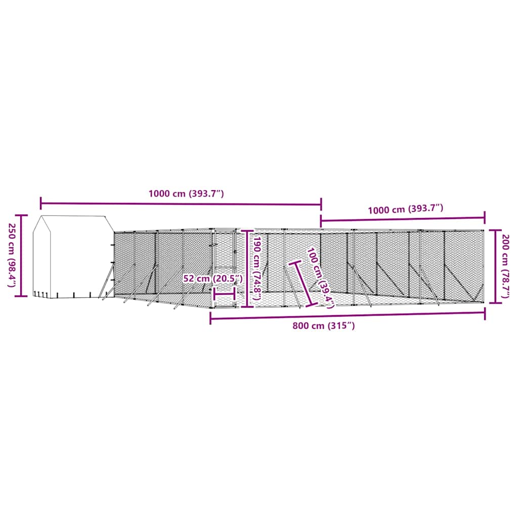 Κλουβί Σκύλου Εξ. Χώρου με Οροφή Ασημί 10x10x2,5 μ Γαλβ. Ατσάλι