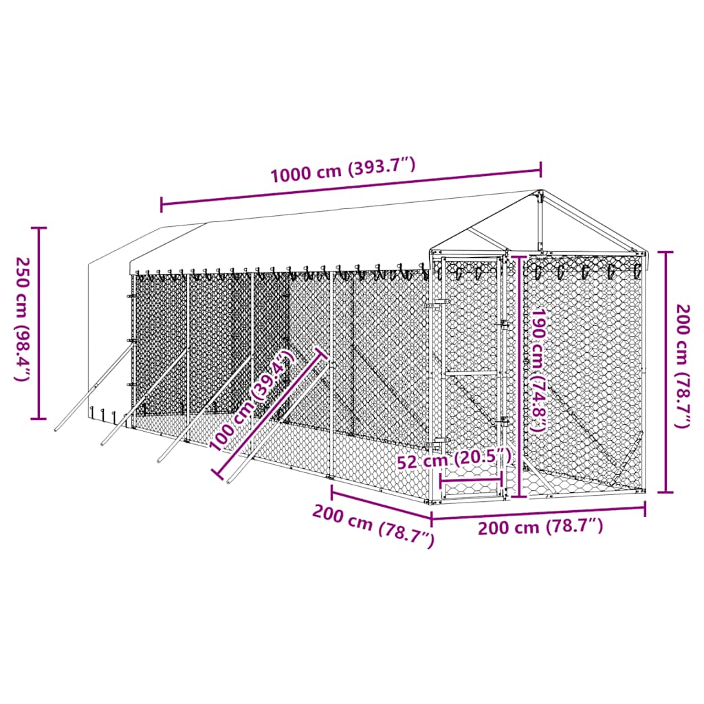Κλουβί Σκύλου Εξ. Χώρου με Οροφή Ασημί 2x10x2,5 μ. Γαλβ. Ατσάλι