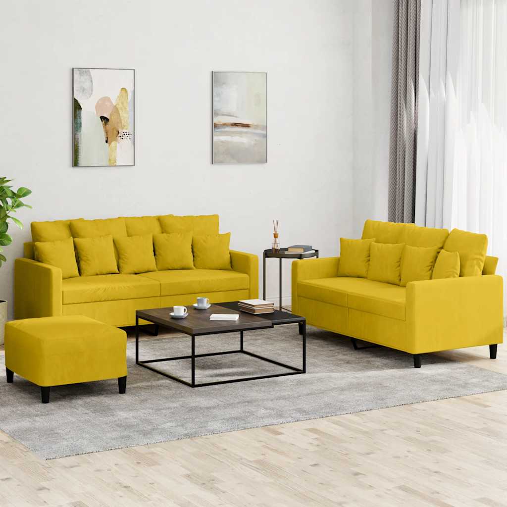 Σετ Σαλονιού 3 Τεμαχίων Κίτρινο από Βελούδο με Μαξιλάρια