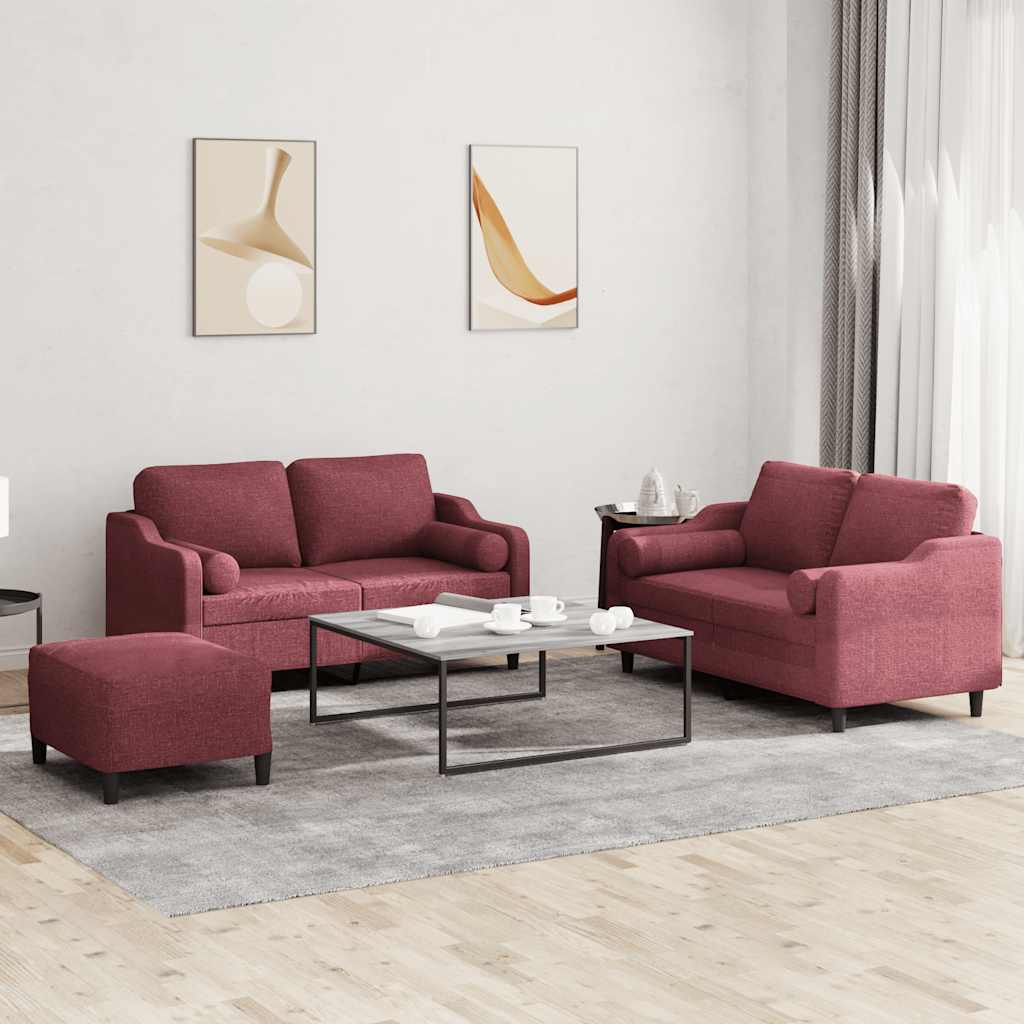 Πολυθρόνες Σετ 3 Τεμαχίων Μπορντό από Ύφασμα με Μαξιλάρια