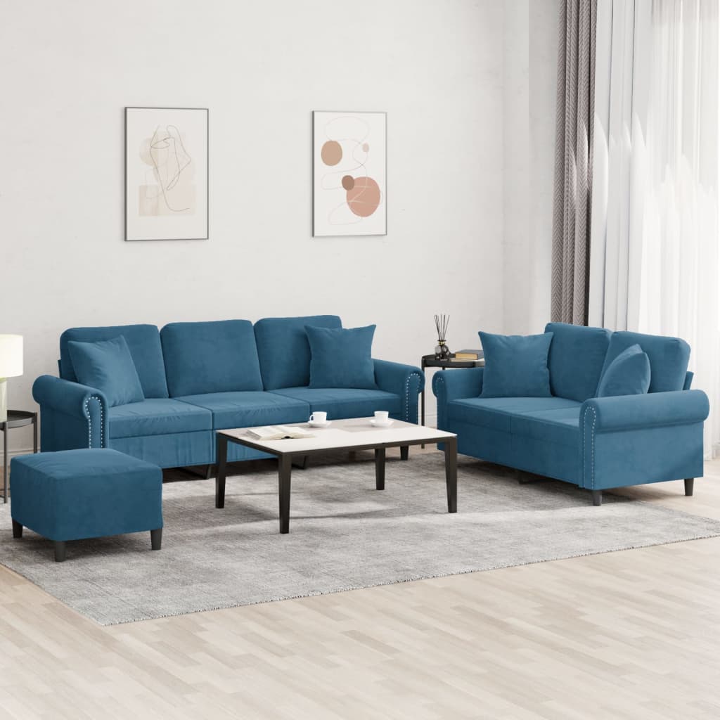 Σετ Σαλονιού 3 Τεμαχίων Μπλε Βελούδινο με Μαξιλάρια