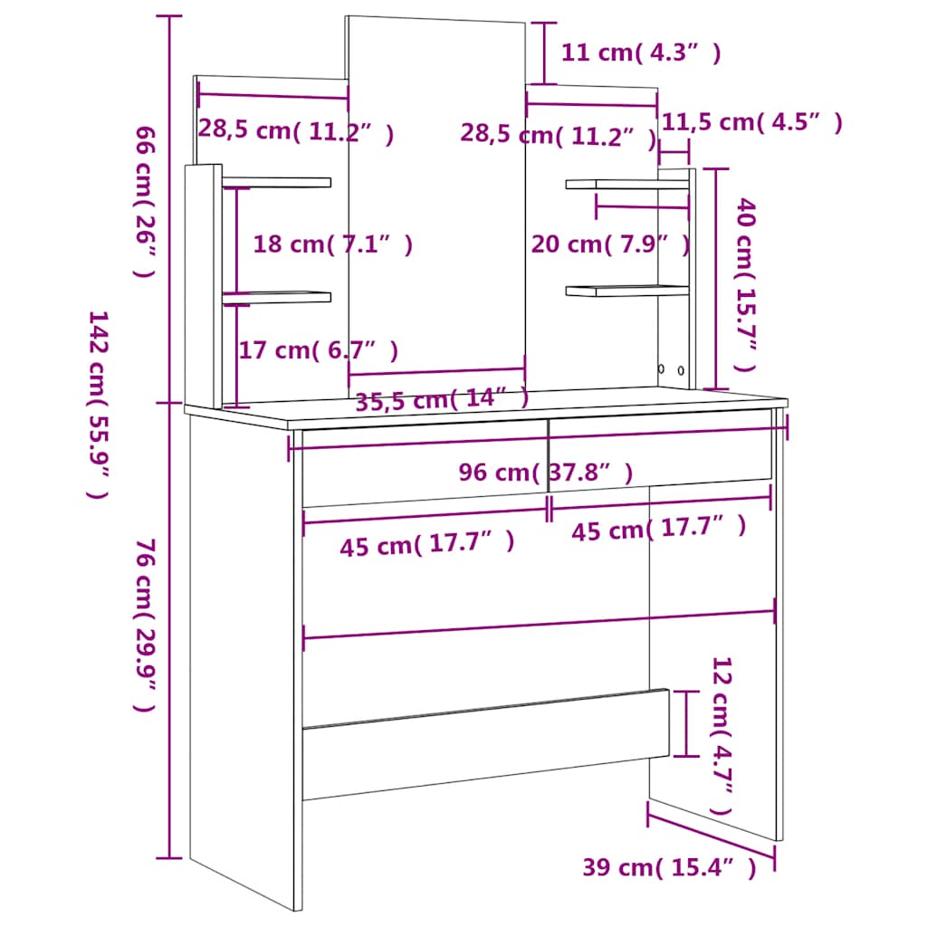 Μπουντουάρ με Καθρέφτη Λευκό 96 x 39 x 142 εκ.