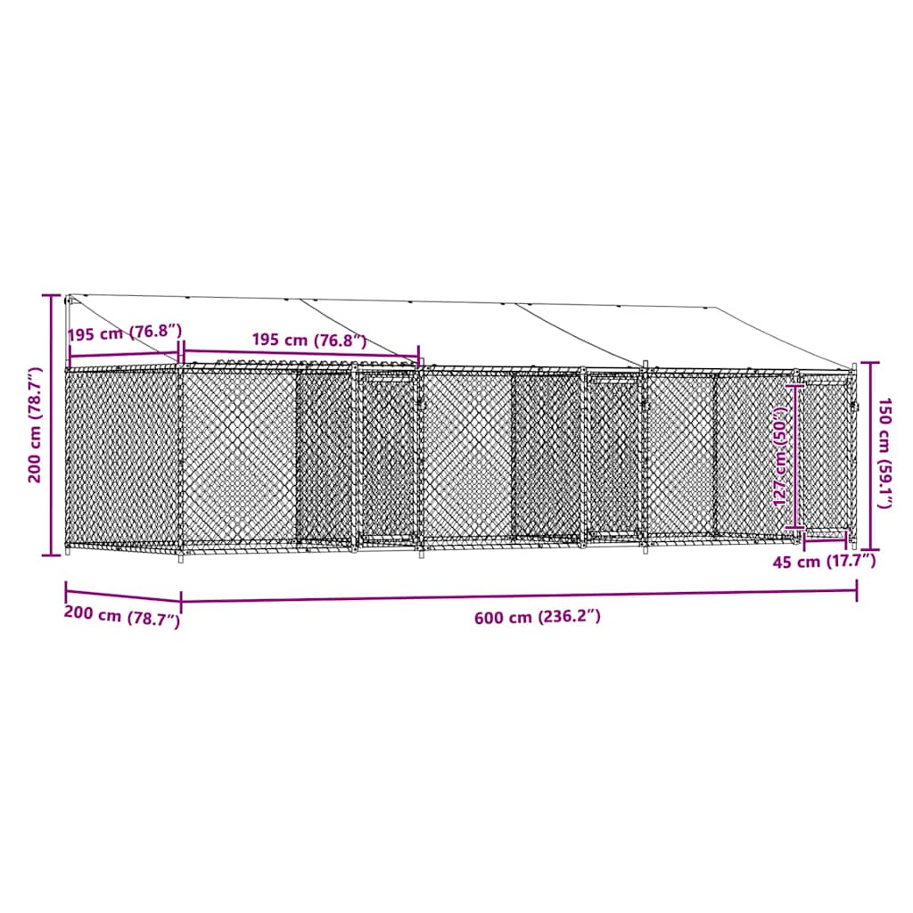 Κλουβί Σκύλου με Οροφή και Πόρτες Γκρι 6x2x2 μ. Γαλβ. Χάλυβας