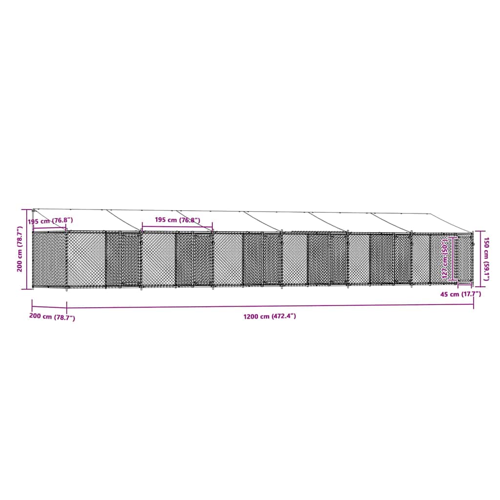Κλουβί Σκύλου με Οροφή και Πόρτες Γκρι 12x2x2 μ. Γαλβ. Χάλυβας