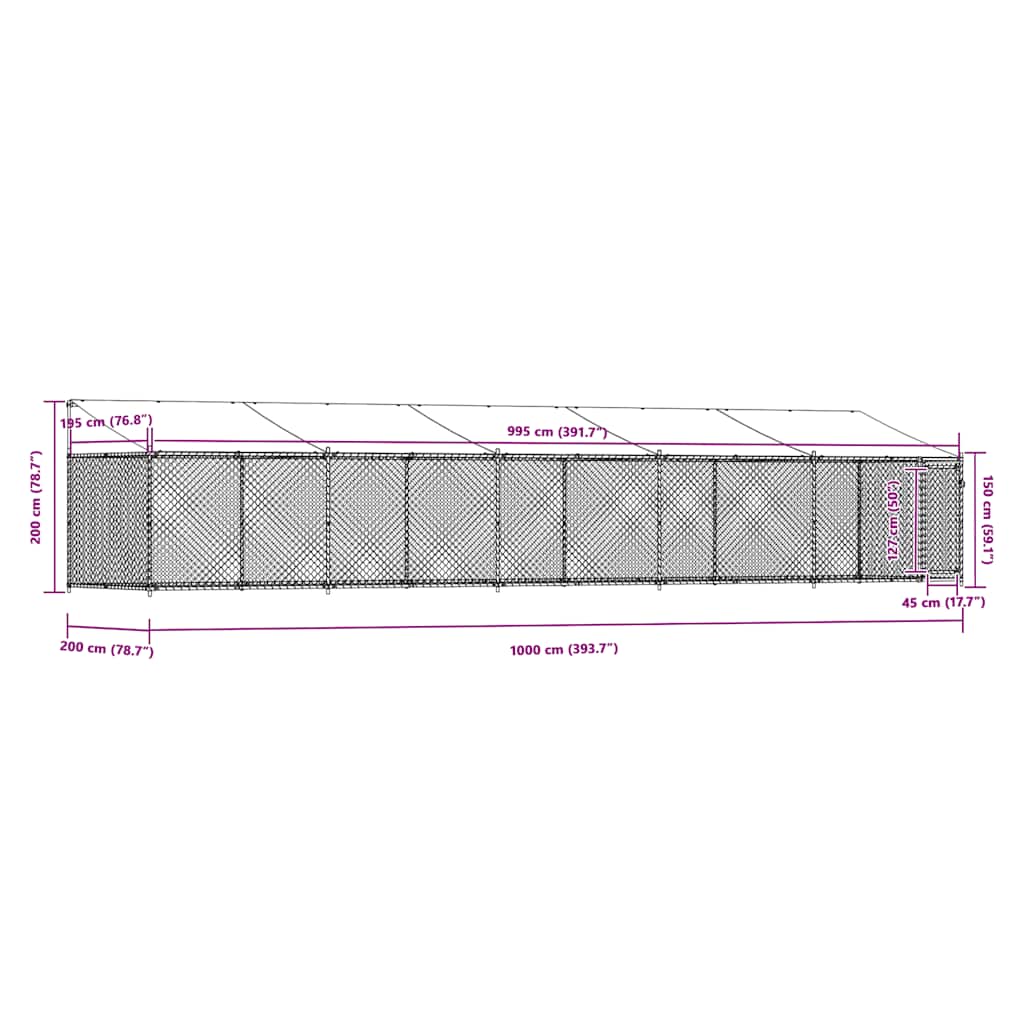 Κλουβί Σκύλου με Οροφή και Πόρτες Γκρι 10x2x2 μ. Γαλβ. Χάλυβας