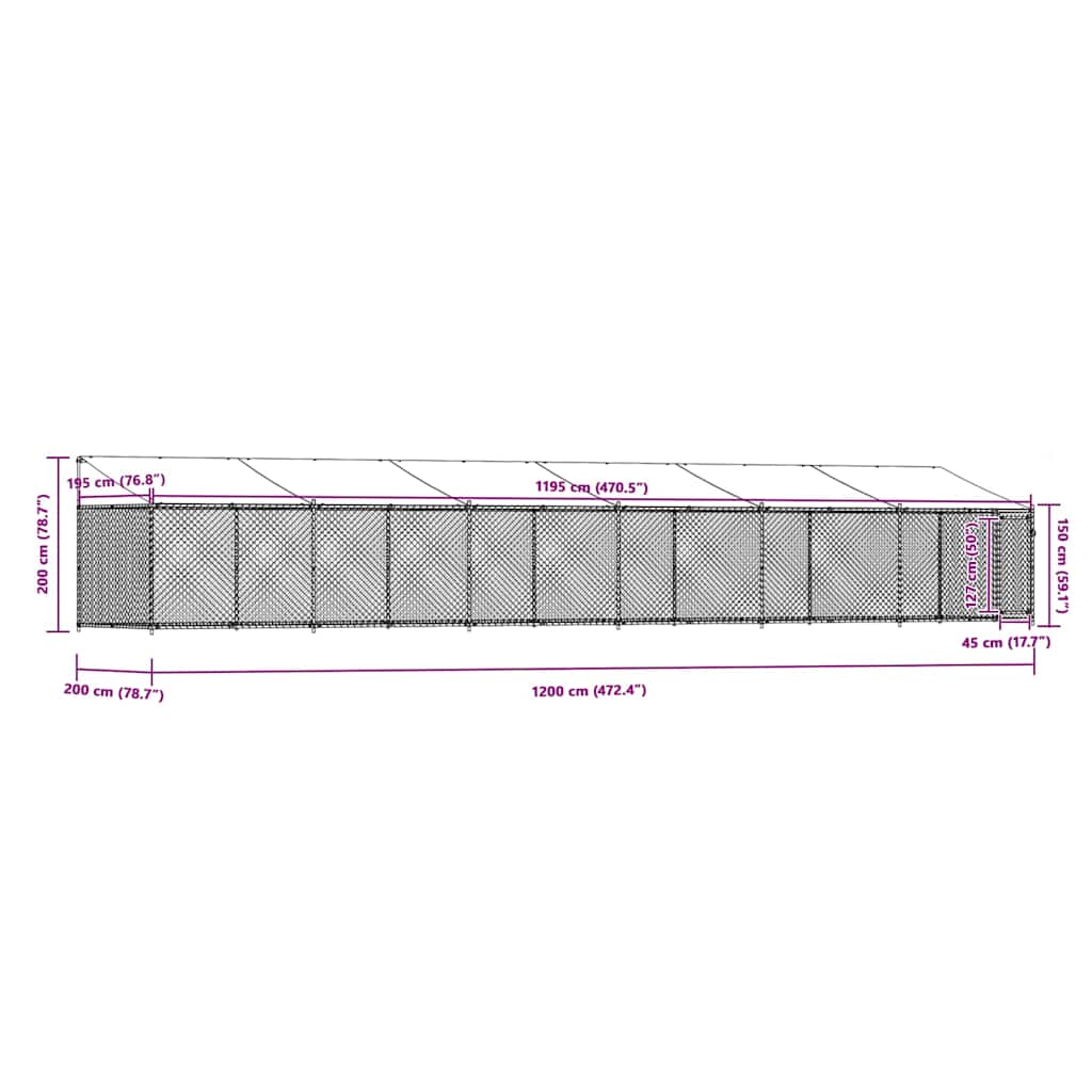Κλουβί Σκύλου με Οροφή και Πόρτες Γκρι 12x2x2 μ. Γαλβ. Χάλυβας