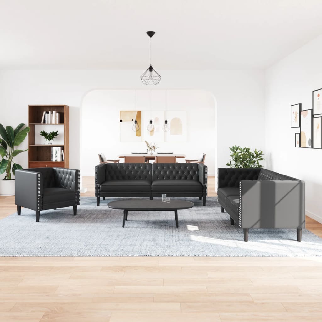 Σετ Καναπέδων Chesterfield 3 Τεμαχίων από Μαύρο Συνθετικό Δέρμα