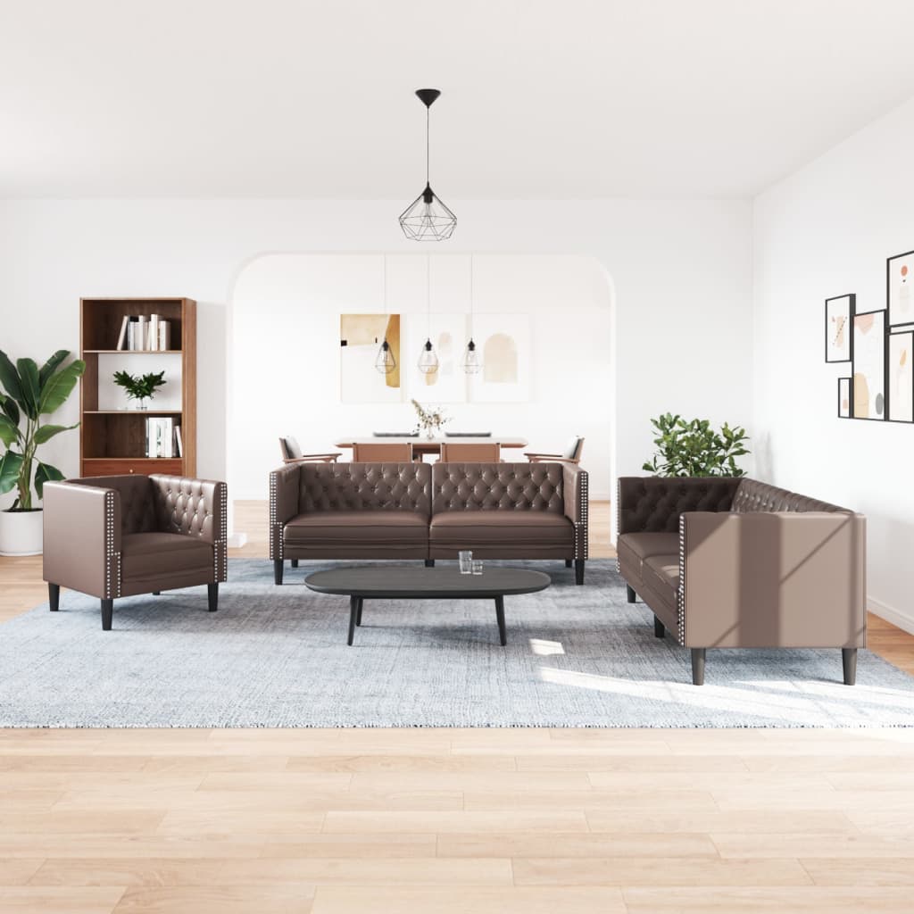Σετ Καναπέδων Chesterfield 3 Τεμαχίων από Καφέ Συνθετικό Δέρμα