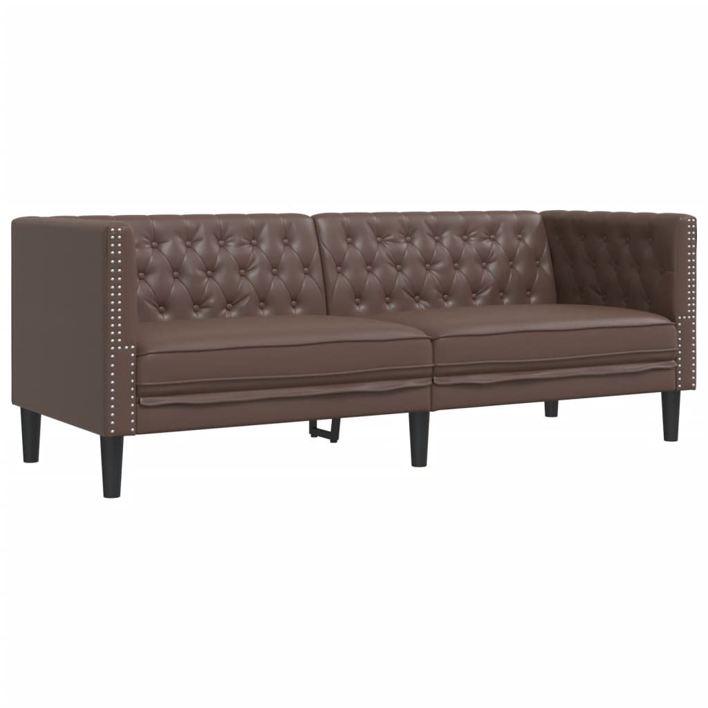 Σετ Καναπέδων Chesterfield 3 Τεμαχίων από Καφέ Συνθετικό Δέρμα
