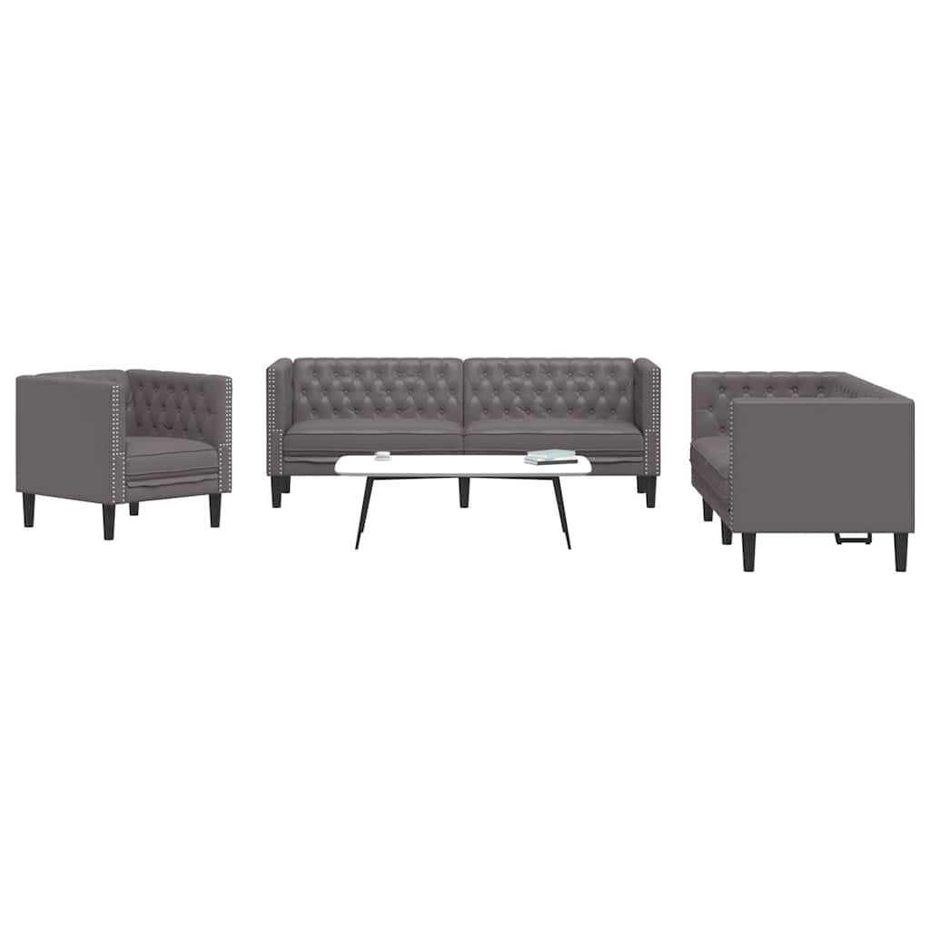 Σετ Καναπέδων Chesterfield 3 Τεμαχίων από Γκρι Συνθετικό Δέρμα