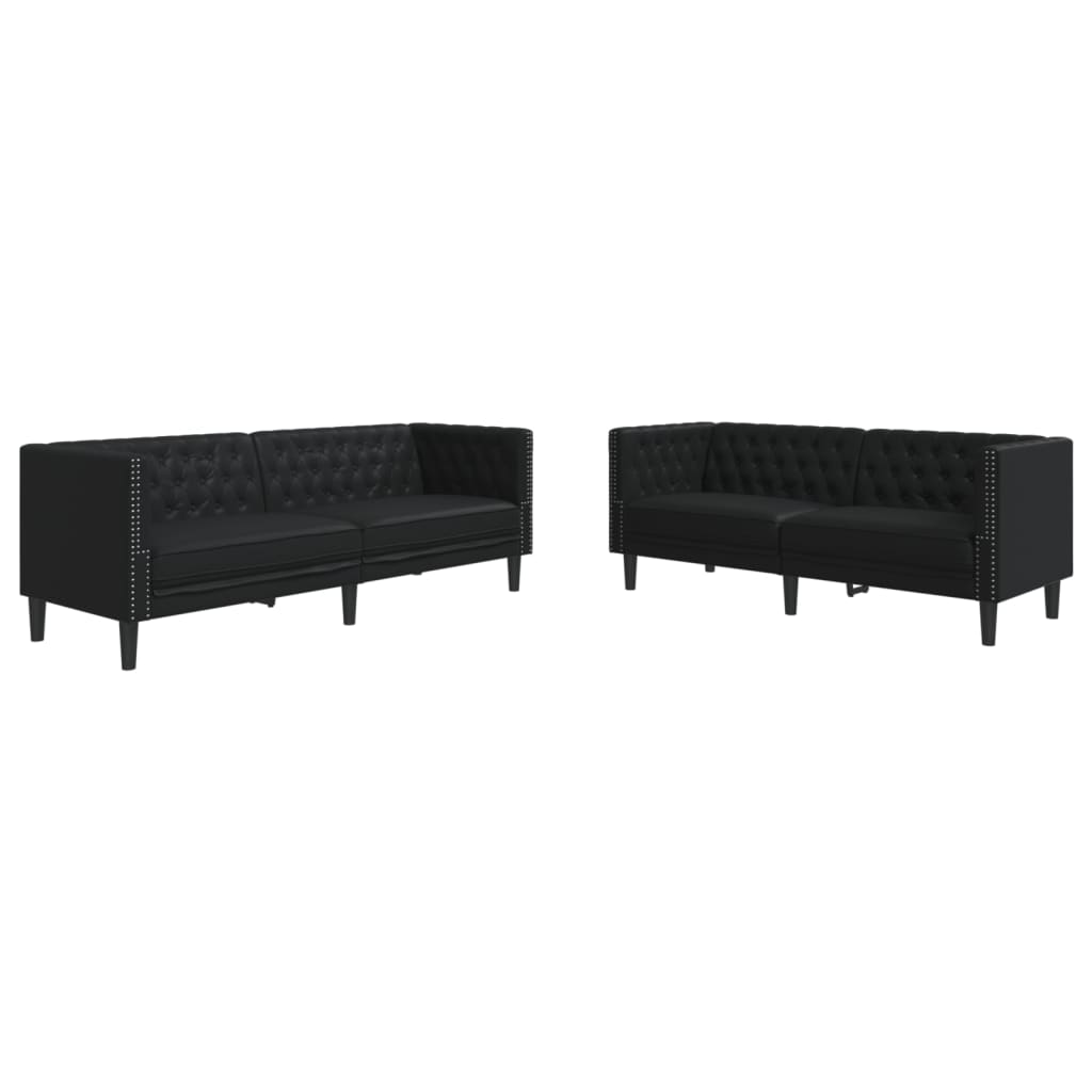 Σετ Καναπέδων Chesterfield 2 Τεμαχίων από Μαύρο Συνθετικό Δέρμα