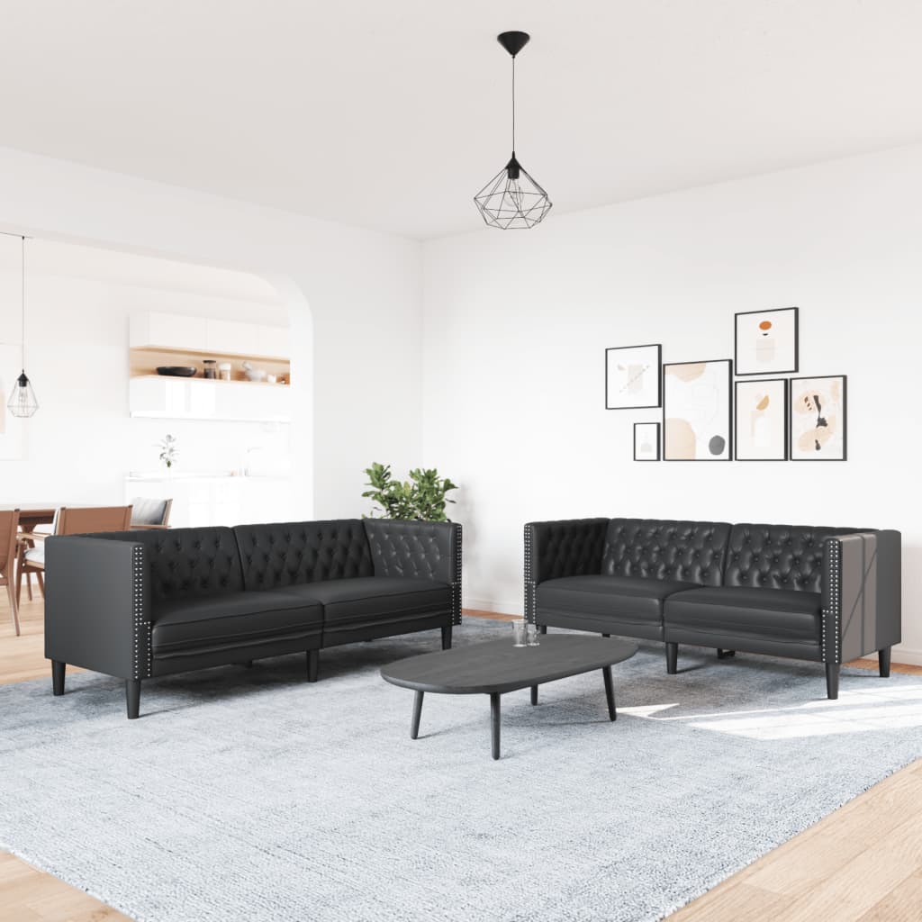 Σετ Καναπέδων Chesterfield 2 Τεμαχίων από Μαύρο Συνθετικό Δέρμα