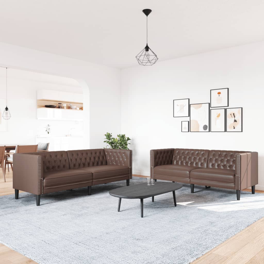 Σετ Καναπέδων Chesterfield 2 Τεμαχίων από Καφέ Συνθετικό Δέρμα