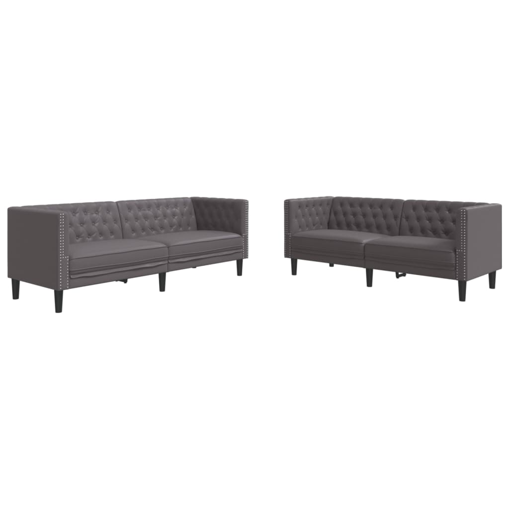 Σετ Καναπέδων Chesterfield 2 Τεμαχίων από Γκρι Συνθετικό Δέρμα