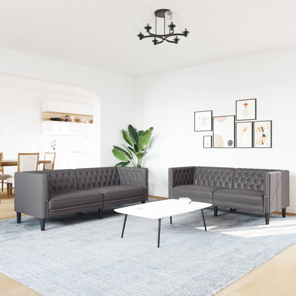Σετ Καναπέδων Chesterfield 2 Τεμαχίων από Γκρι Συνθετικό Δέρμα