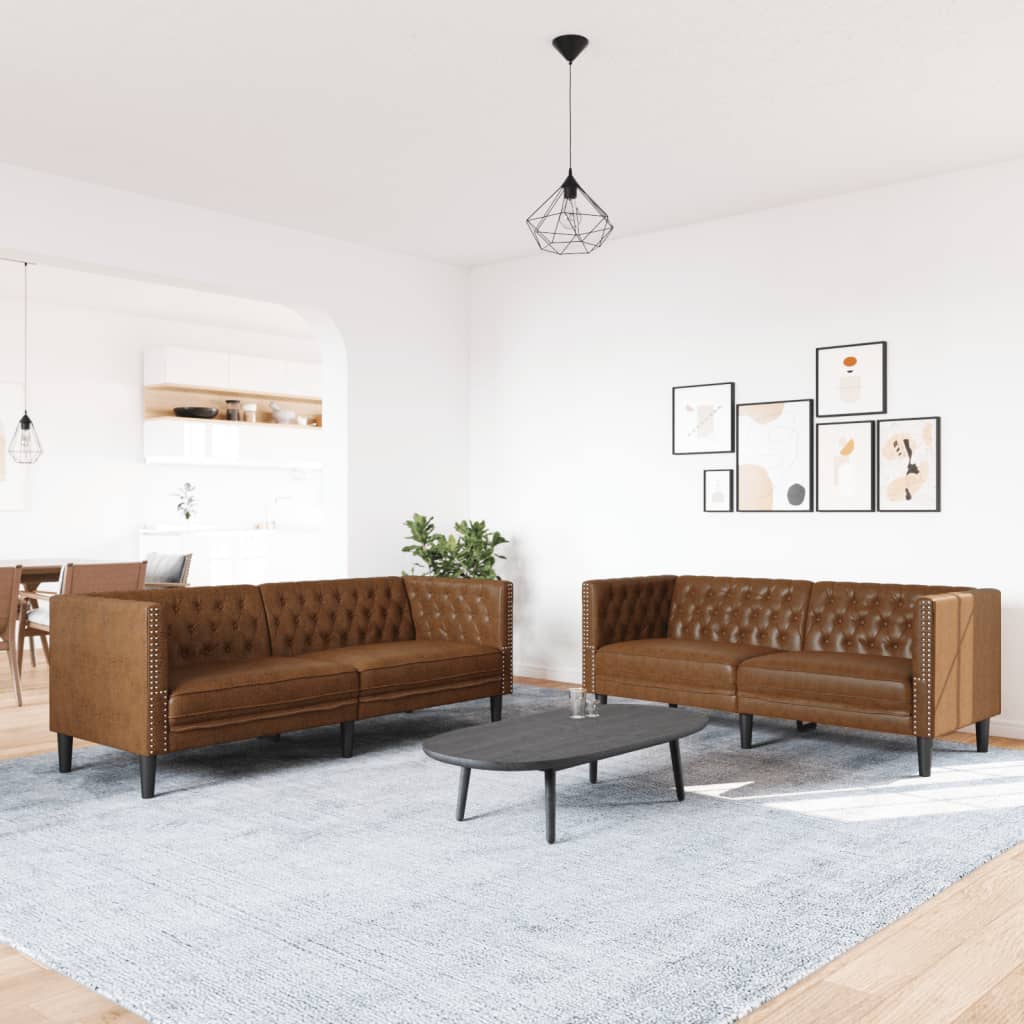 Καναπές Chesterfield 2 τεμαχίων σετ καφέ δέρμα Faux Suede