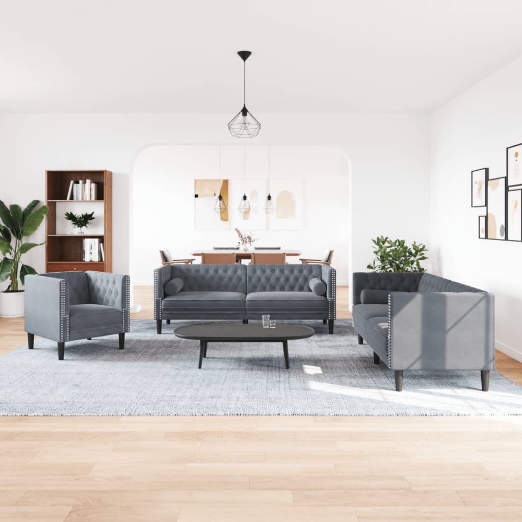 Καναπές Chesterfield Σετ 3 Τεμ. με Στηρίγματα Σκ. Γκρι Βελούδο