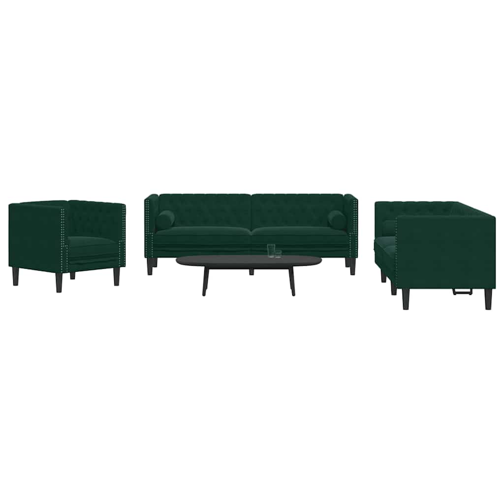 Καναπές Chesterfield 3τεμαχίων μαξιλάρια σκούρο πράσινο βελούδο