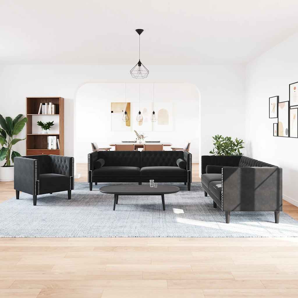 Καναπές Chesterfield Σετ 3 Τεμ. με Στηρίγματα Μαύρο Βελούδο