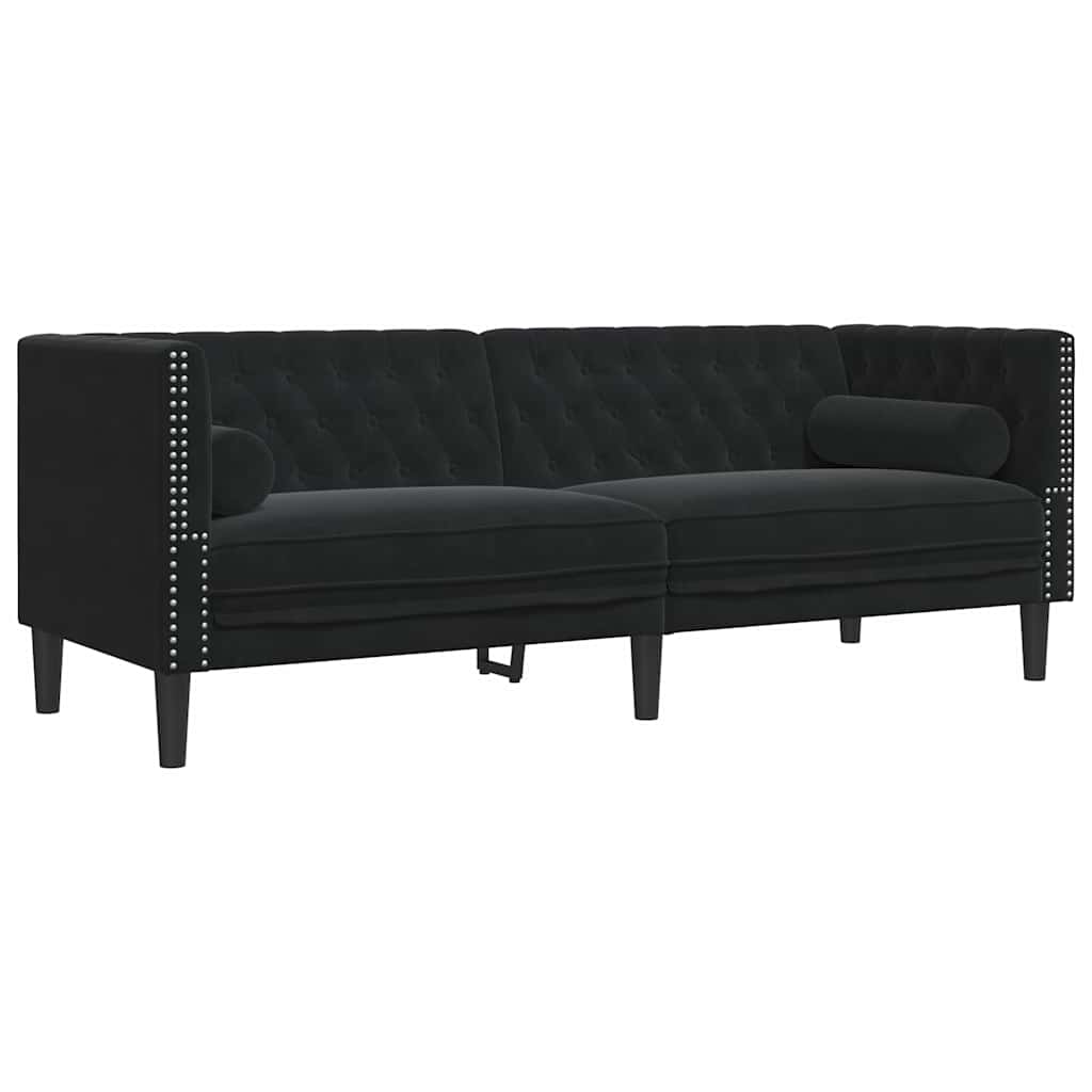 Καναπές Chesterfield Σετ 3 Τεμ. με Στηρίγματα Μαύρο Βελούδο