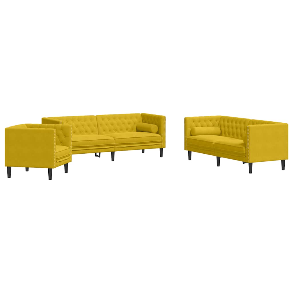 Σετ Καναπέδων Chesterfield 3 Τεμαχίων με Στηρίγματα Κίτρινο Βελούδο