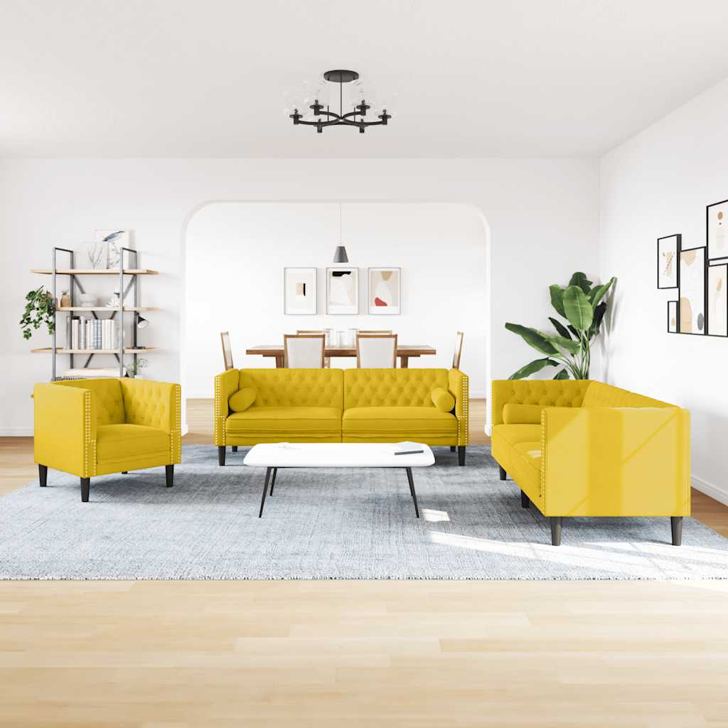 Σετ Καναπέδων Chesterfield 3 Τεμαχίων με Στηρίγματα Κίτρινο Βελούδο