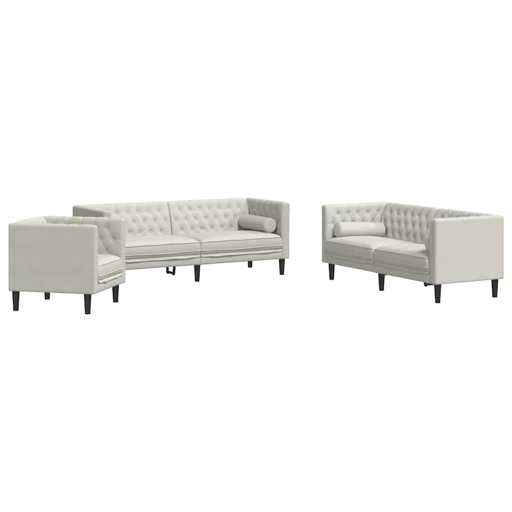 Σετ Καναπέδων Chesterfield 3 Τεμαχίων με Βάσεις, Κρεμ Βελούδινο